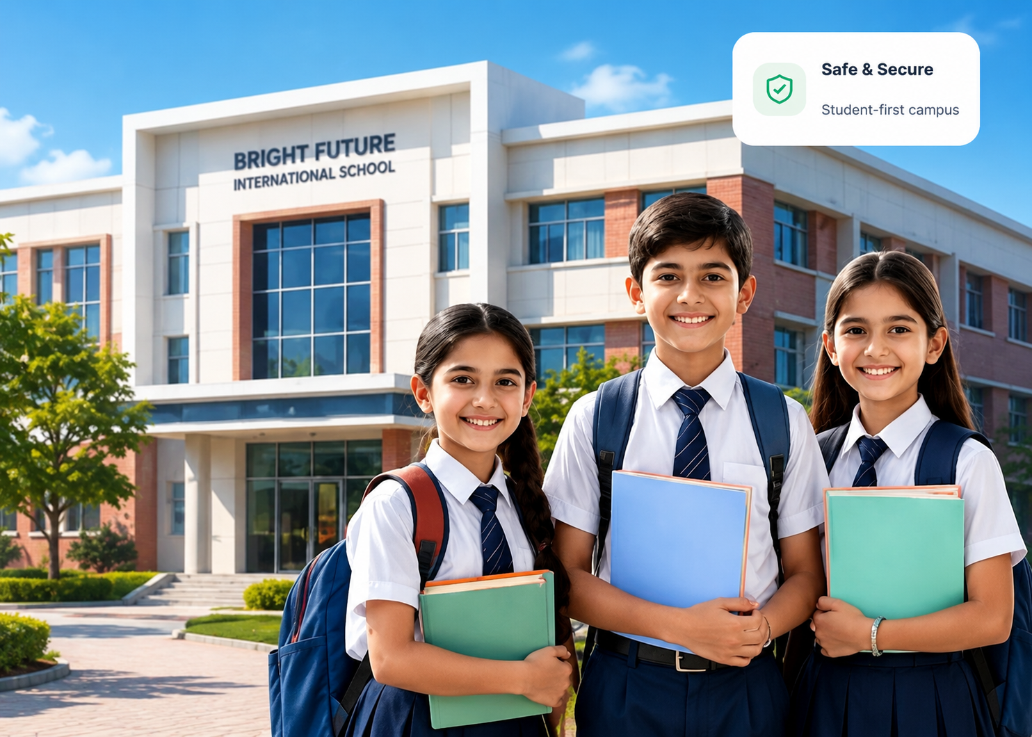 Students standing in front of the school campus